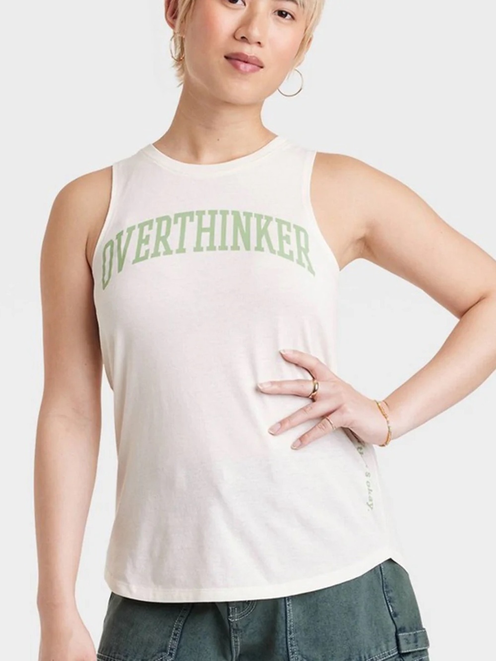 See The Way I See “Overthinker” Graphic Tank Top Cream Green Women’s XS